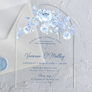 Invitations En Acrylique 80e anniversaire Surprise Party Blue Floral Arch