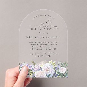 Invitations En Acrylique 80e fête d'anniversaire Rose blanche Bleu Arc flor