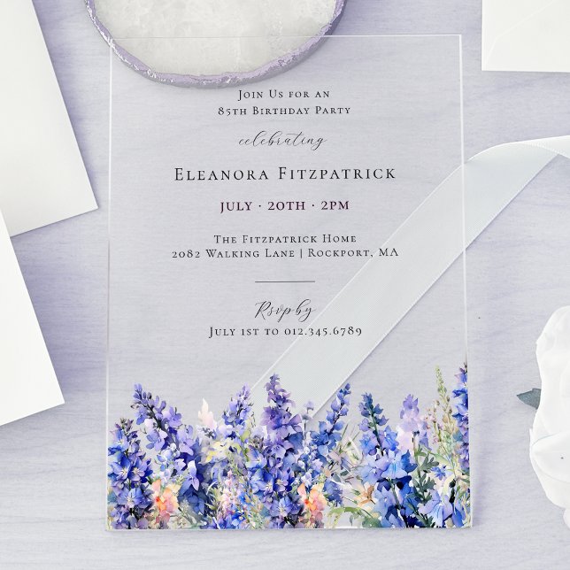 Invitations En Acrylique 85e anniversaire Bleu Larkspur Juillet Fleur de na (Créateur téléchargé)