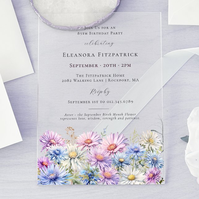 Invitations En Acrylique 85th Birthday Party September Birth Month Flower  (Créateur téléchargé)