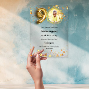 Invitations En Acrylique 90e anniversaire or photo étoiles clair