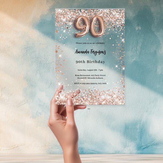 Invitations En Acrylique 90e anniversaire rose or clair fête (Créateur téléchargé)