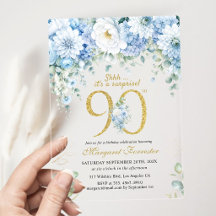 90th Birthday Gold Dusty Blue Floral Surprise