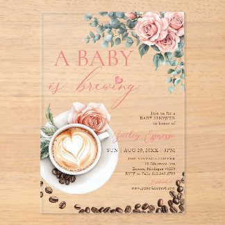 Invitations En Acrylique A Baby is Brewing Romantic Coffee Baby Shower