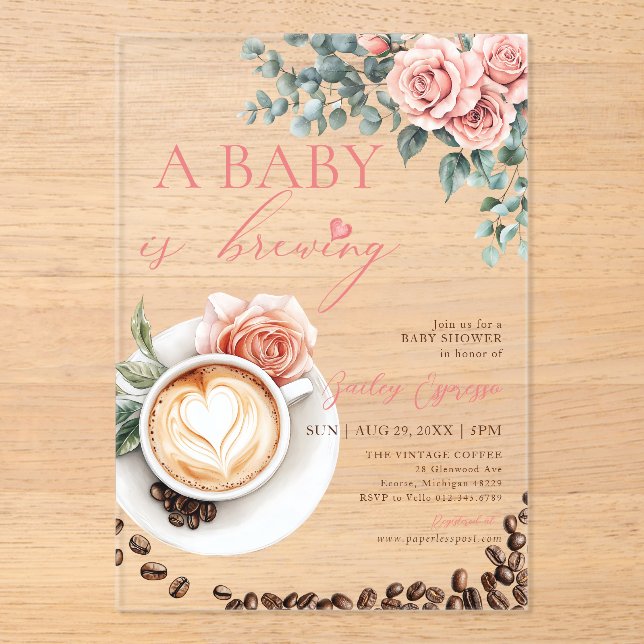 Invitations En Acrylique A Baby is Brewing Romantic Coffee Baby Shower (Recto)