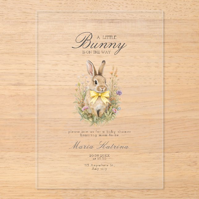 Invitations En Acrylique A cute little Floral Bunny Yellow Bow Baby Shower  (Recto)