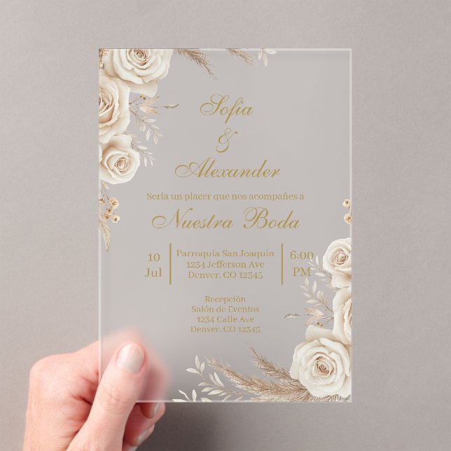 Invitations En Acrylique Acrylic Beige Boho floral Spanish Wedding (In situ (ordinateur de poche))