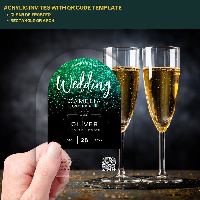 Invitations En Acrylique ACRYLIC MARIAGE Parties scintillant verte QR Code  (Créateur téléchargé)