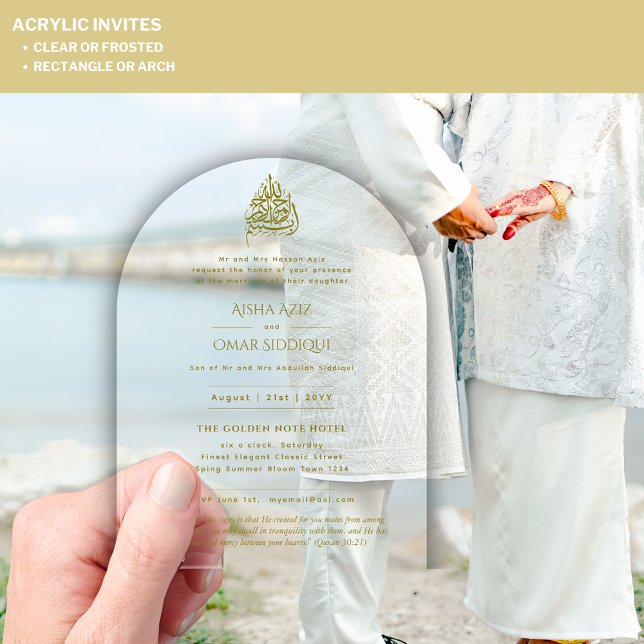 Invitations En Acrylique ACRYLIC NIKAH WALIMA Gold Texte Élégant Islamique (Créateur téléchargé)