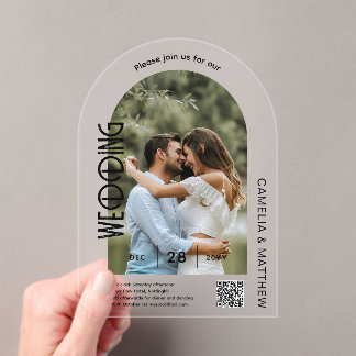 Invitations En Acrylique ACRYLIC Photo Wedding Invite Modern QR Code RSVP