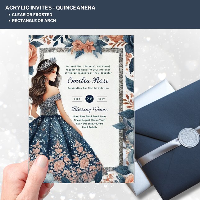 Invitations En Acrylique ACRYLIC Quinceañera Blue Silver Peach Robe Florale (Créateur téléchargé)