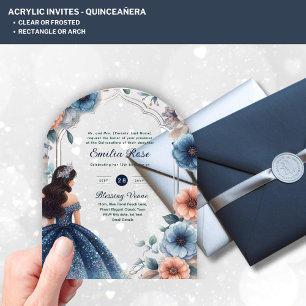Invitations En Acrylique ACRYLIC Quinceañera Blue Silver Peach Robe Florale