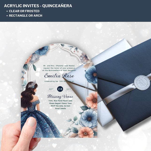 Invitations En Acrylique ACRYLIC Quinceañera Blue Silver Peach Robe Florale (Créateur téléchargé)