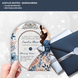 Invitations En Acrylique ACRYLIC Quinceañera Blue Silver Peach Robe Florale