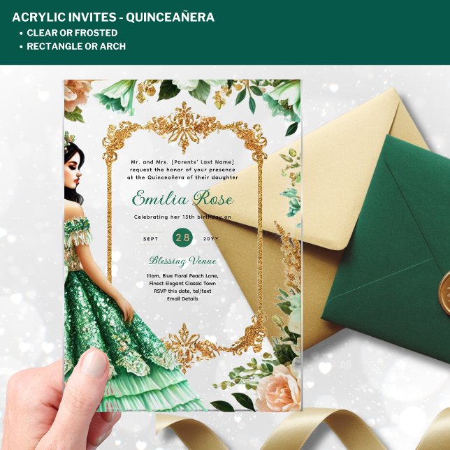 Invitations En Acrylique ACRYLIC Quinceañera Emerald GREEN Gold robe (Créateur téléchargé)