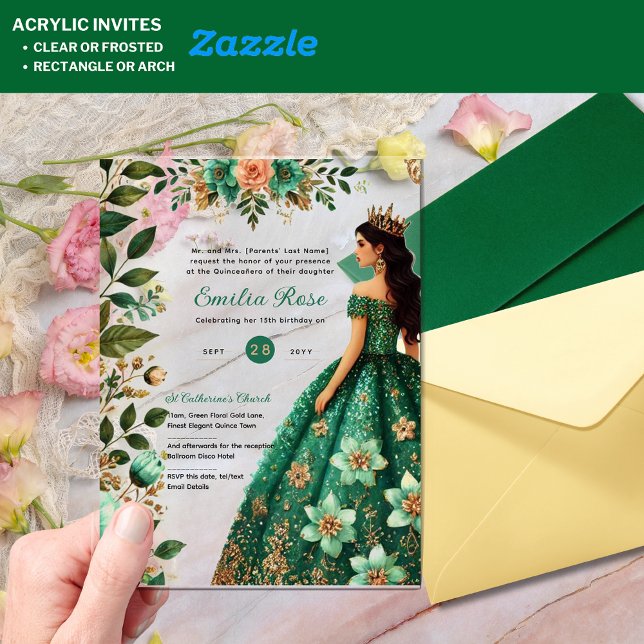 Invitations En Acrylique ACRYLIC Quinceañera Emerald GREEN Gold robe (Créateur téléchargé)