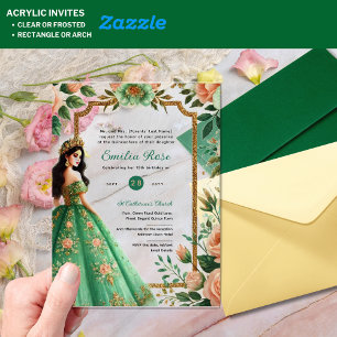 Invitations En Acrylique ACRYLIC Quinceañera Emerald GREEN Gold robe
