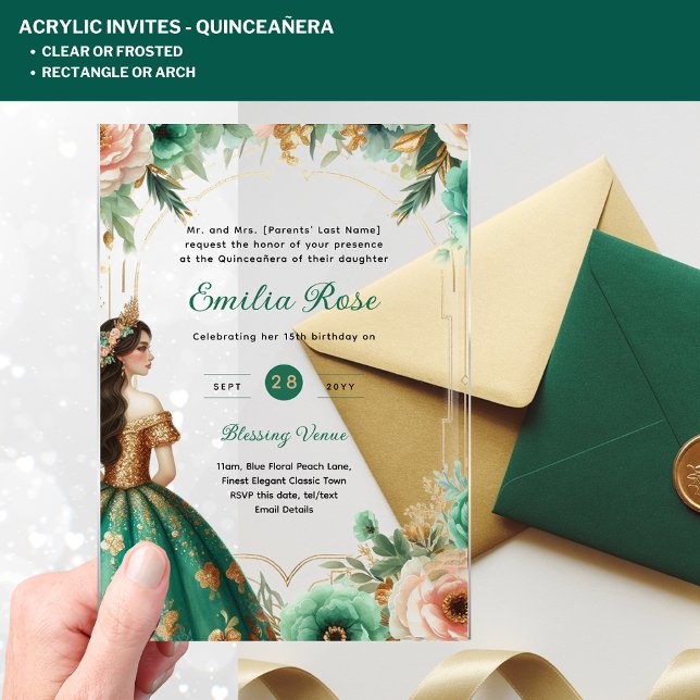 Invitations En Acrylique ACRYLIC Quinceañera Emerald GREEN OR robe (Créateur téléchargé)