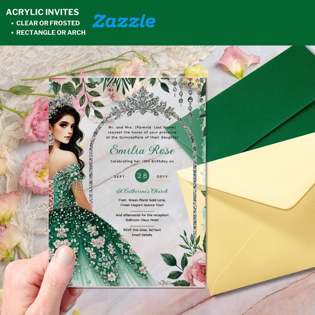 Invitations En Acrylique ACRYLIC Quinceañera Emerald GREEN Silver Robe (Créateur téléchargé)