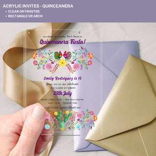 Invitations En Acrylique ACRYLIC Quinceanera Fiesta Folkart Oiseaux floraux