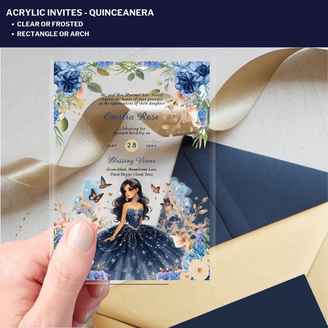 Invitations En Acrylique ACRYLIC Quinceanera Robe Florale bleue Quince (Créateur téléchargé)