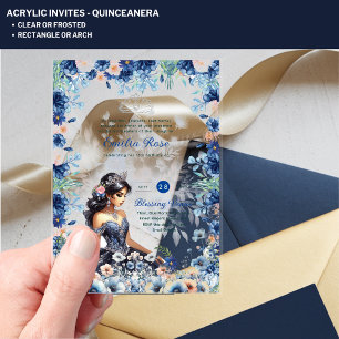 Invitations En Acrylique ACRYLIC Quinceanera Robe Florale bleue Quince
