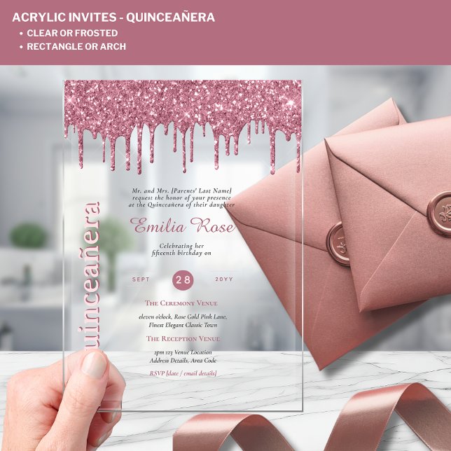 Invitations En Acrylique ACRYLIC Quinceanera Rose Parties scintillant rose  (Créateur téléchargé)