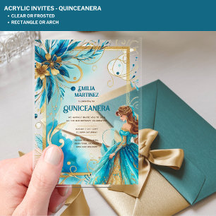 Invitations En Acrylique ACRYLIC Quinceanera Turquoise Gold Floral Robe Qui