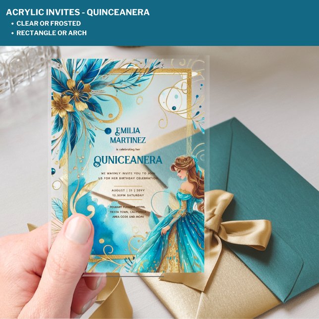 Invitations En Acrylique ACRYLIC Quinceanera Turquoise Gold Floral Robe Qui (Créateur téléchargé)