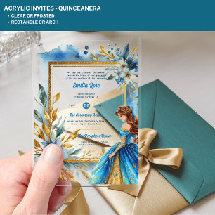 Invitations En Acrylique ACRYLIC Quinceanera Turquoise Gold Floral Robe Qui