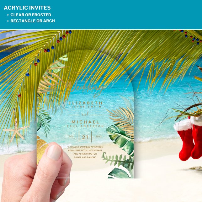Invitations En Acrylique ACRYLIC Wedding Invite Tropical Gold Leaf Beach (Créateur téléchargé)