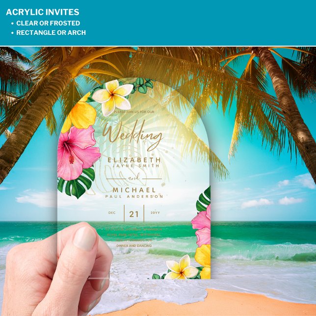 Invitations En Acrylique ACRYLIC Wedding Invite Tropical Gold Leaf Beach (Créateur téléchargé)