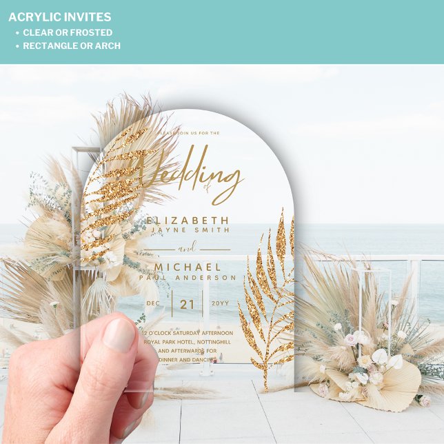Invitations En Acrylique ACRYLIC Wedding Invite Tropical Gold Leaf Beach (Créateur téléchargé)