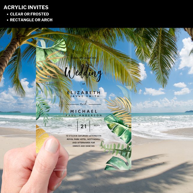 Invitations En Acrylique ACRYLIC Wedding Invite Tropical Gold Leaf Beach (Créateur téléchargé)