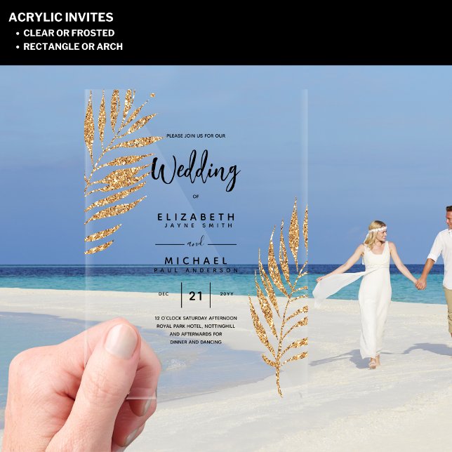 Invitations En Acrylique ACRYLIC Wedding Invite Tropical Gold Leaf Beach (Créateur téléchargé)