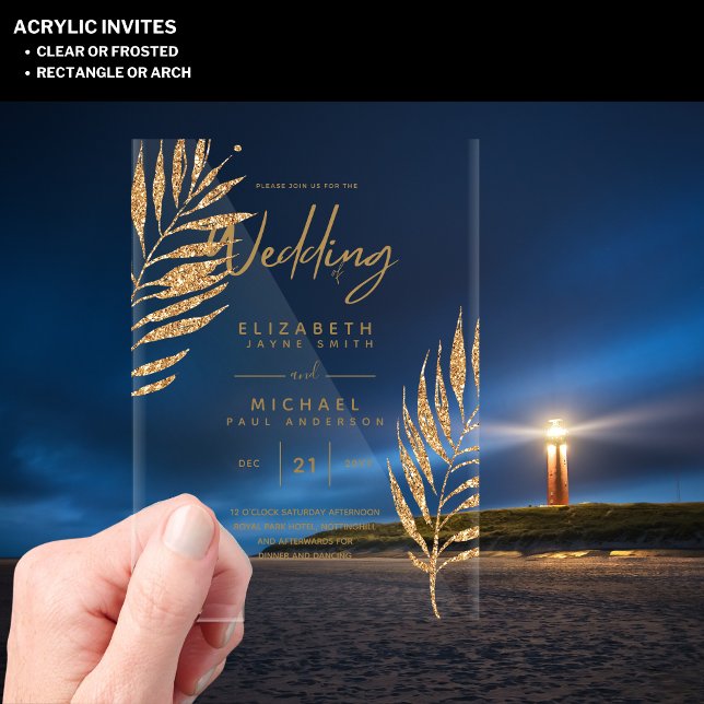 Invitations En Acrylique ACRYLIC Wedding Invite Tropical Gold Leaf Beach (Créateur téléchargé)