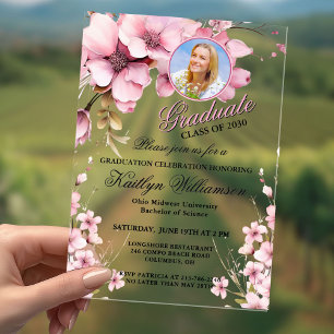 Invitations En Acrylique Acrylique Elégante Floral Rose Photo Party Graduat