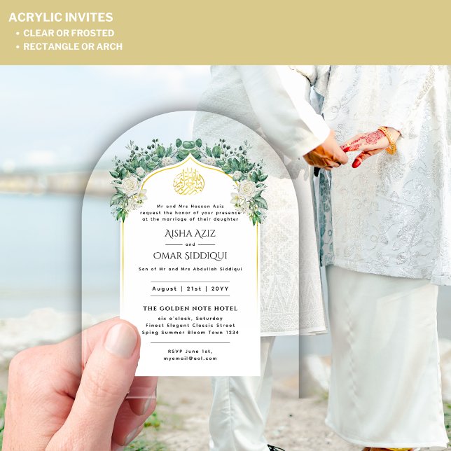 Invitations En Acrylique ACRYLIQUE NIKAH WALIMA Roses Blanches Or Élégant (Créateur téléchargé)
