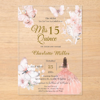 Invitations En Acrylique Acrylique Quinceanera avec Papillons Roses Floraux
