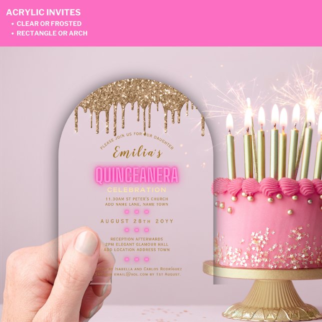 Invitations En Acrylique ACRYLIQUE Quinceanera Hot rose Gold Glam Diva Quin (Créateur téléchargé)