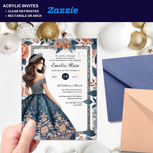 Invitations En Acrylique Acrylique Quinceañera Invitations Marine Robe Bleu (Créateur téléchargé)