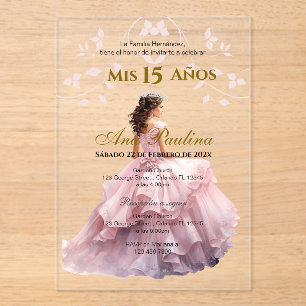 Invitations En Acrylique Acrylique rose Floral Quinceañera Espagnol Invitat