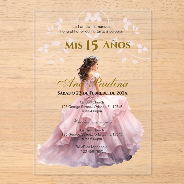 Invitations En Acrylique Acrylique rose Floral Quinceañera Espagnol Invitat (Recto)