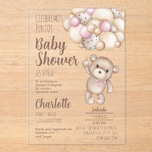 Invitations En Acrylique Acrylique Teddy Bear Baby shower Girl Espagnol
