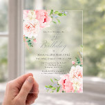 Invitations En Acrylique ACRYLIQUE TRANSPARENT 21e Anniversaire Floral Rose<br><div class="desc">Une belle et féminine invitation de fête en acrylique transparente pour célébrer un 121e anniversaire dans un style élégant. Ce design floral est bordé d'un cadre de charmantes fleurs de pivoine roses et de verdure. L'acrylique transparent est l'une des tendances les plus chaudes dans la conception d'invitations cette année.</div>