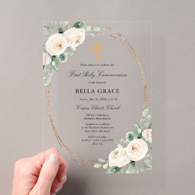 Invitations En Acrylique ACRYLIQUE TRANSPARENT Communion solennelle Rose fl (In situ (ordinateur de poche))