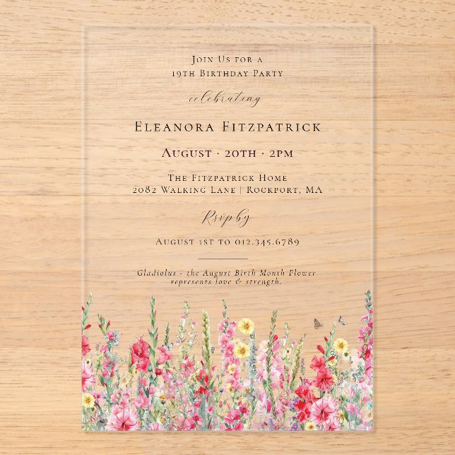 Invitations En Acrylique ACRYLIQUE TRANSPARENT Fleur d'anniversaire 19 ans  (Recto)