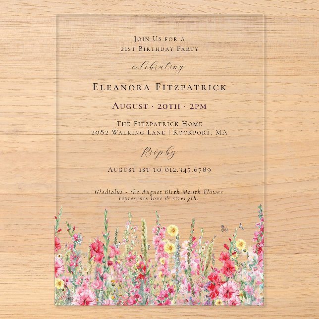 Invitations En Acrylique ACRYLIQUE TRANSPARENT Fleur de naissance d'août An (Recto)