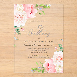 Invitations En Acrylique ACRYLIQUE TRANSPARENT Fleur de Pivoine Rose 35e An