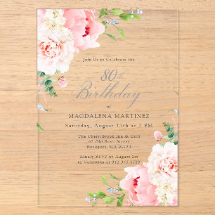 Invitations En Acrylique ACRYLIQUE TRANSPARENT Fleurs de Paon Rose 80e Anni